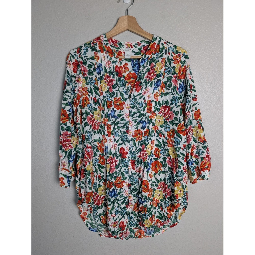 Intro Blouse Womens SZ M White‎ Floral Tunic 3/4 Sleeve V-Neck Rayon Relaxed
